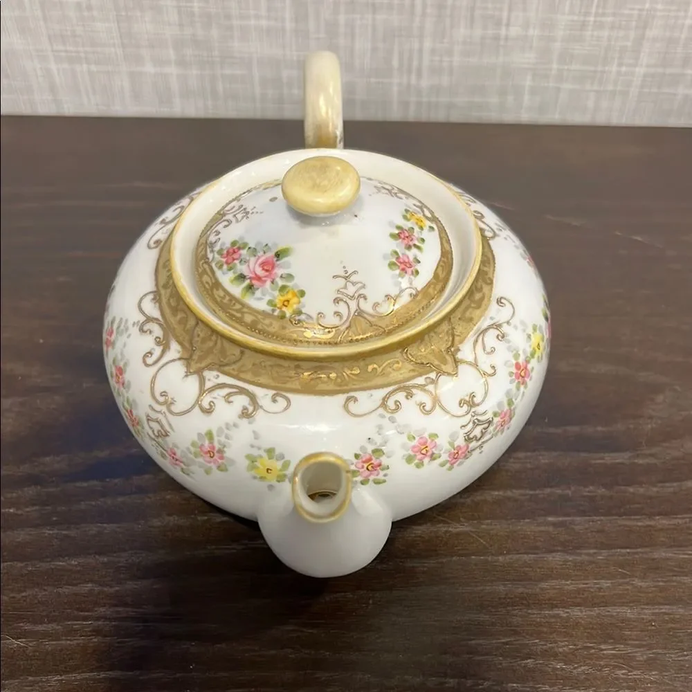 Antique Noritake Nippon Maple Leaf Teapot 1891 Hand Painted Gold Pink Roses